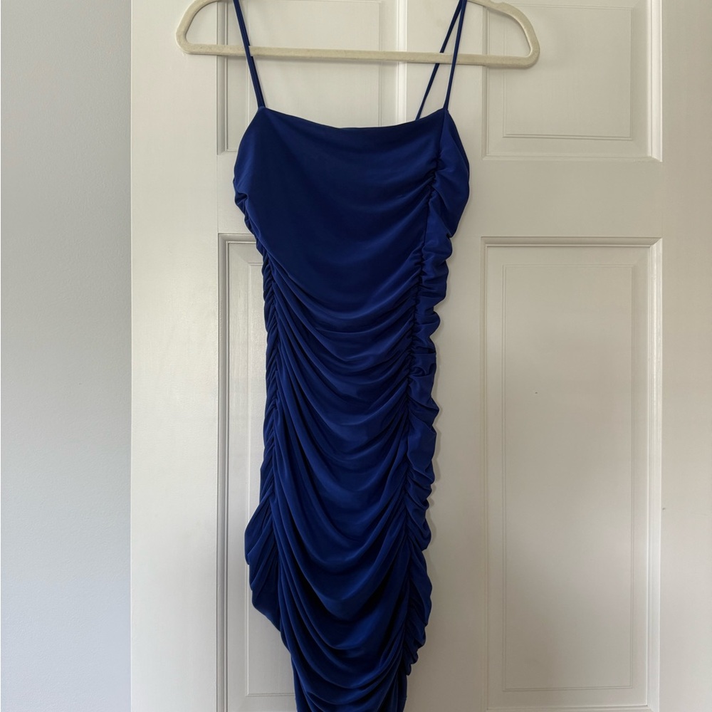 blue ruched women’s blue bodycon mini dress